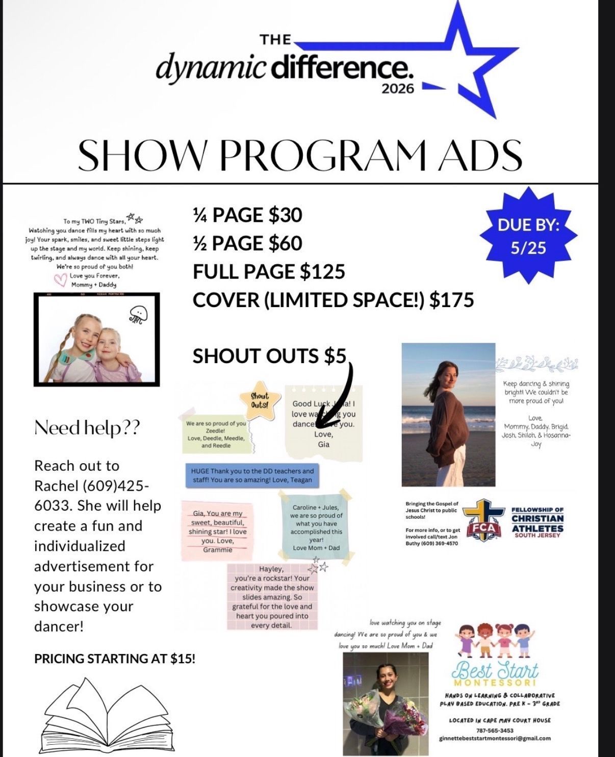 Flyer for “The dynamic difference” showing ad prices and contact details, with photos and a blue starburst price badge
