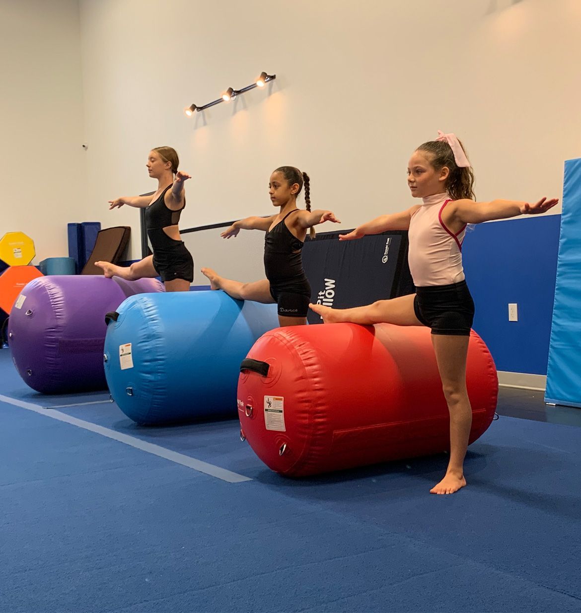 a group of young girls doing exercises on large exercise balls