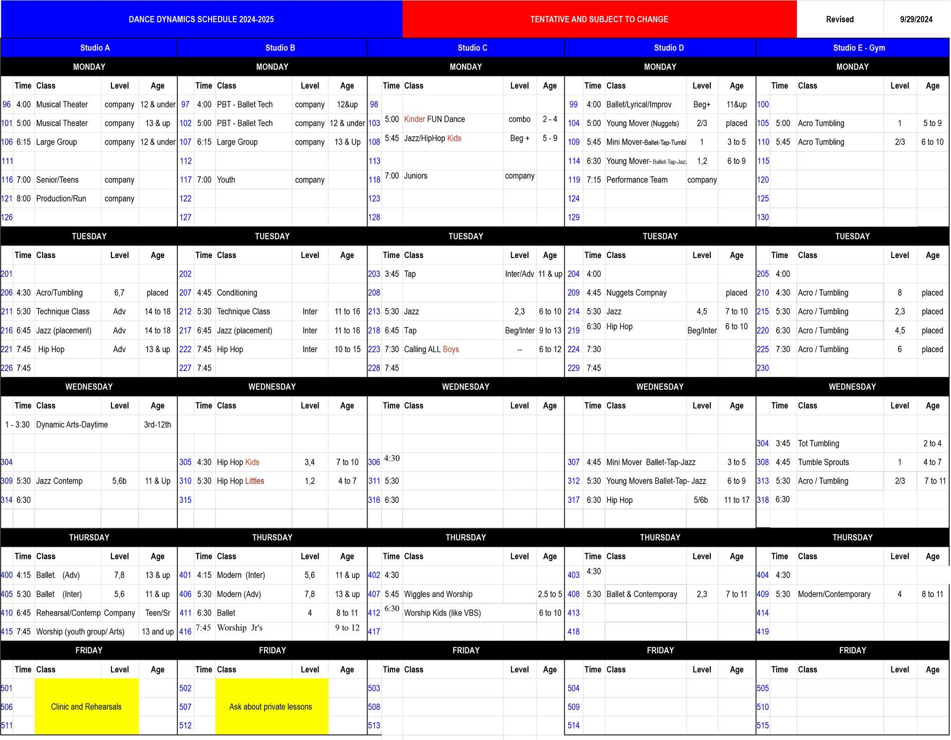 class schedule