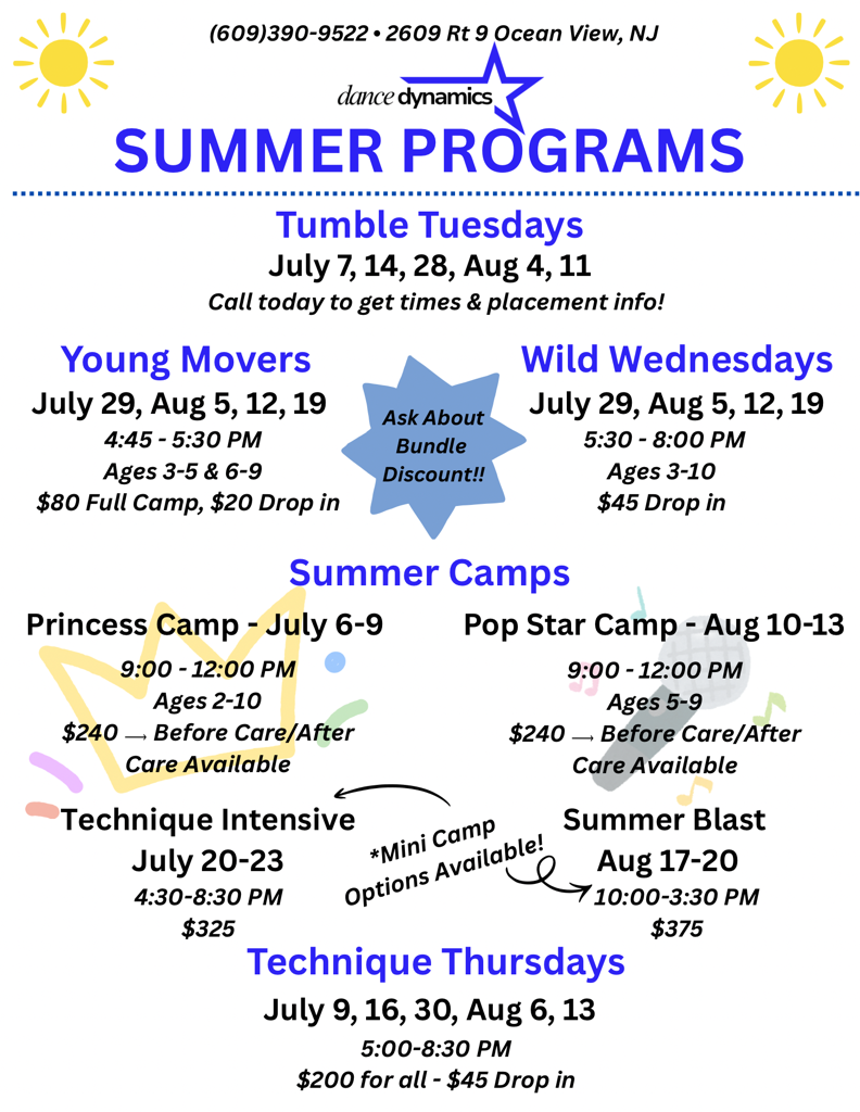 Summer programs flyer with dates for Tumbling Tuesdays, Young Movers, Wild Wednesdays, and summer camps