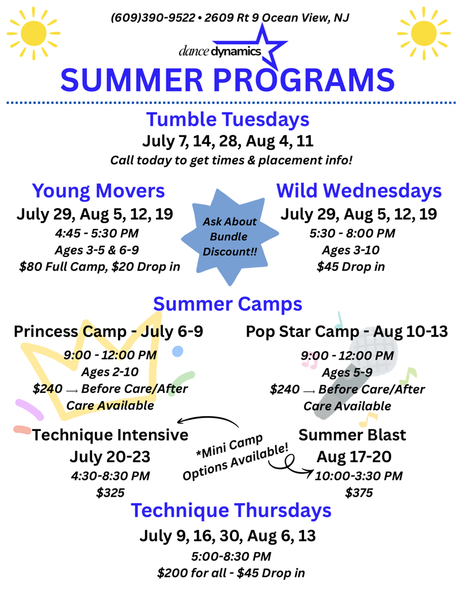 Summer programs flyer with dates for Tumbling Tuesdays, Young Movers, Wild Wednesdays, and summer camps