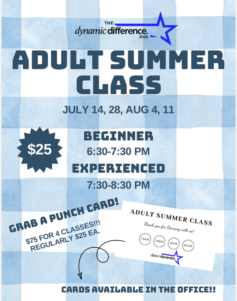 Flyer for adult summer dance classes, July 14, 28, Aug. 4, 11, with beginner and experienced times, $25