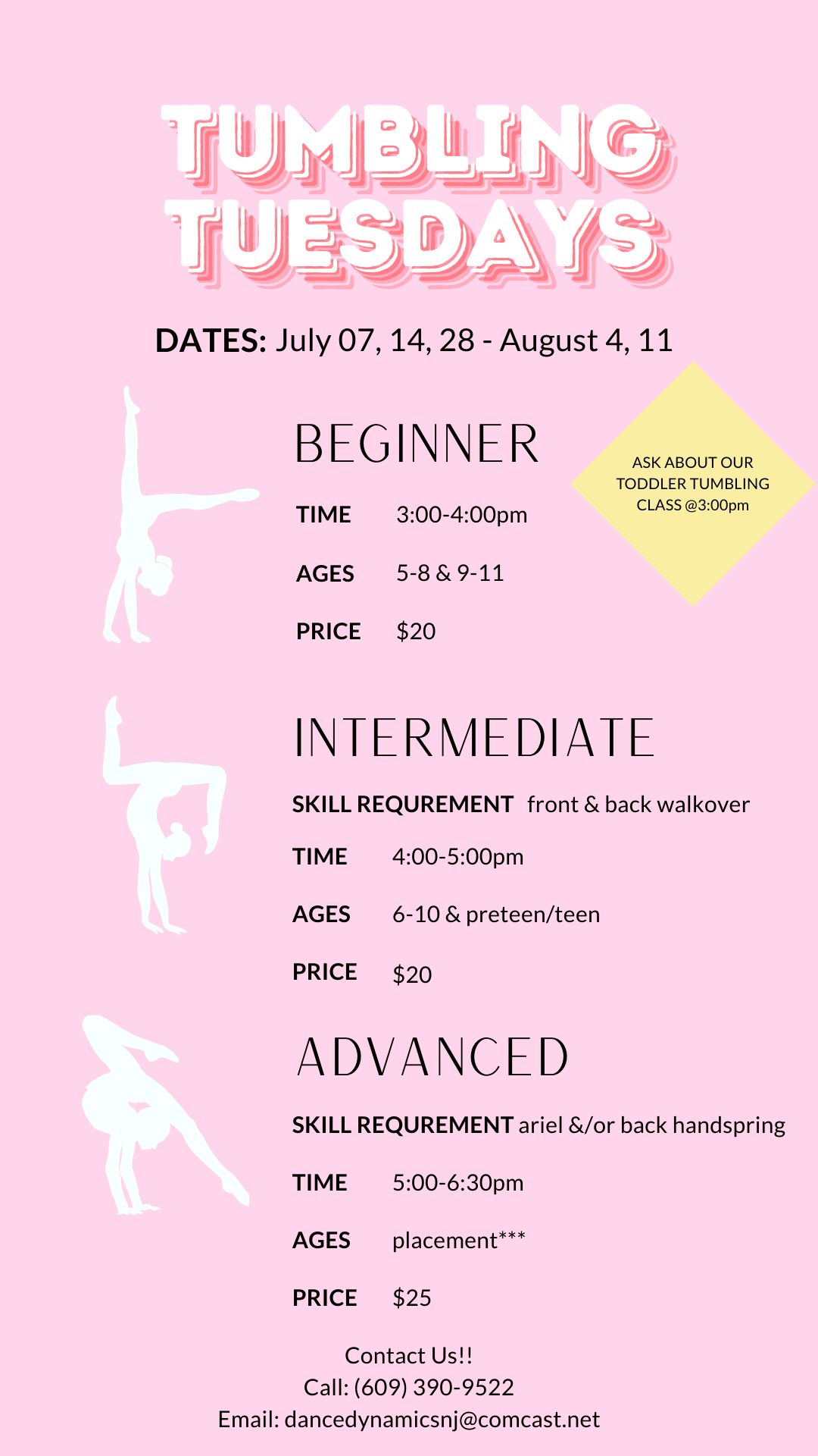 Pink “Tumbling Tuesdays” gymnastics flyer with class dates, times, ages, and prices listed