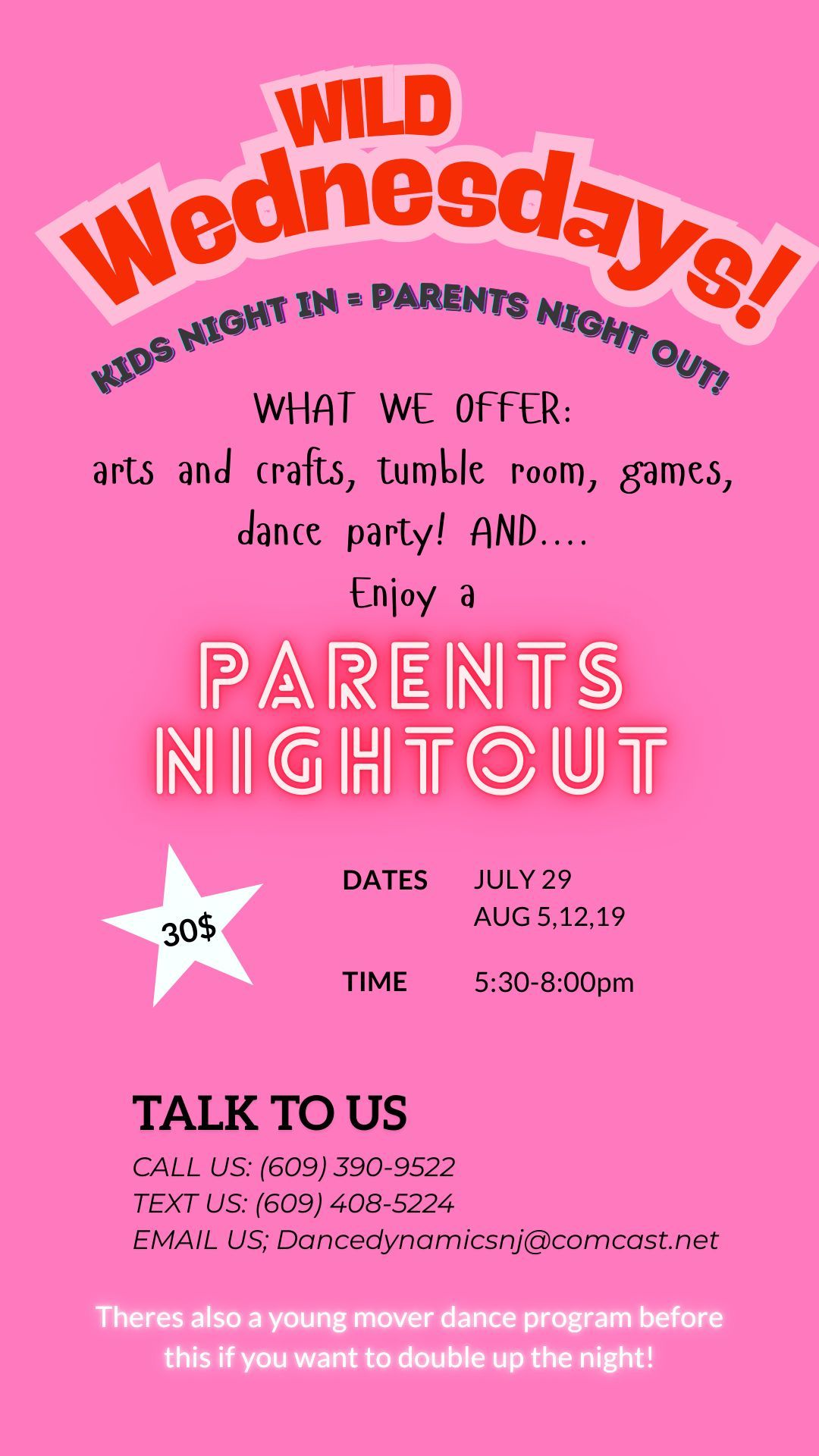 Pink “Wild Wednesdays” parents’ night out flyer with activities, date/time, and contact details