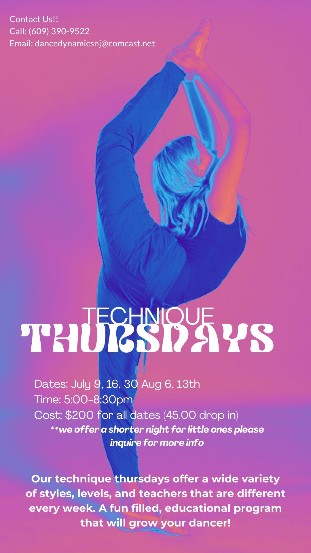 Purple-pink poster of a dancer arched overhead, promoting a Thursday dance technique class with event details