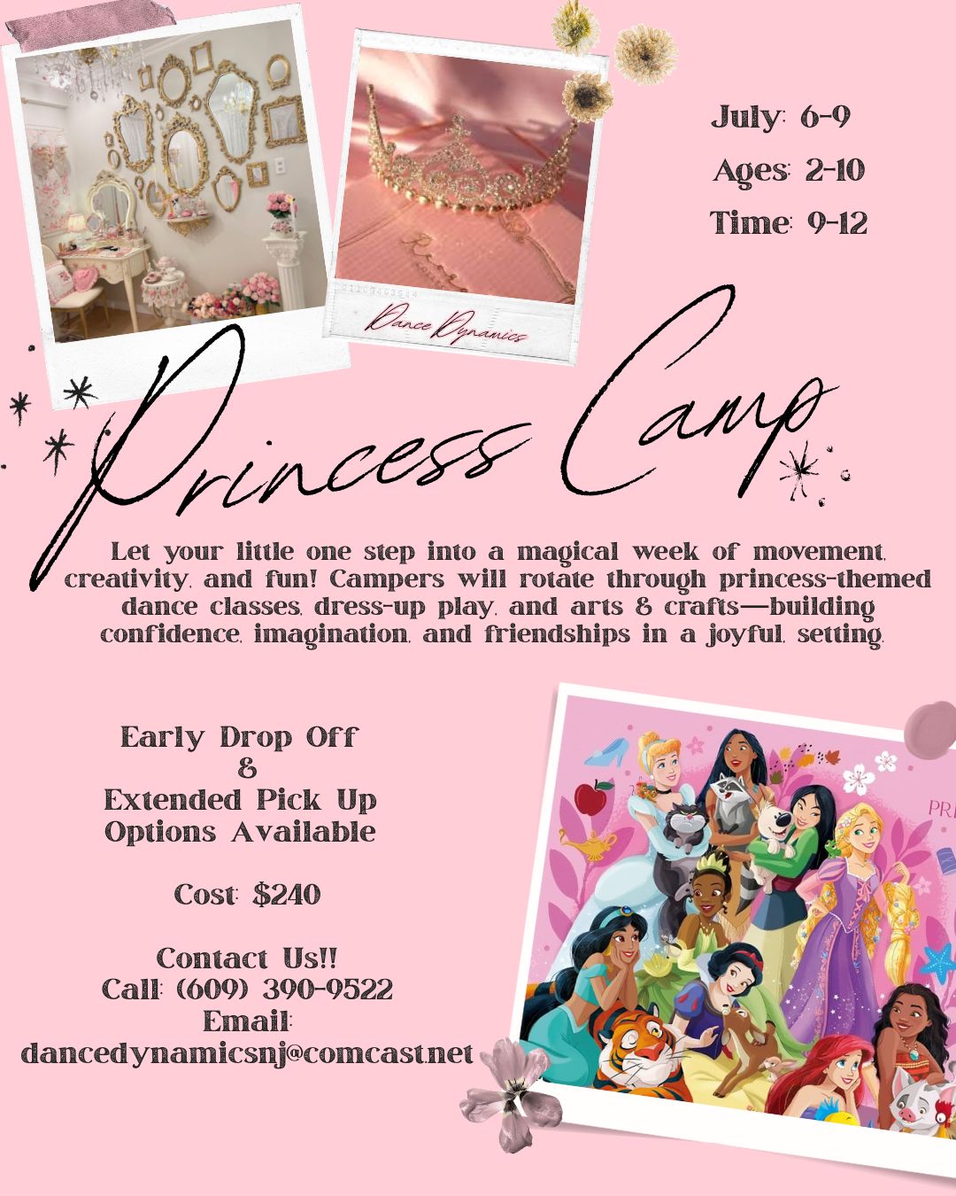 Pink dance camp flyer with necklaces, photos, dates, ages, tuition, and colorful dancer illustration