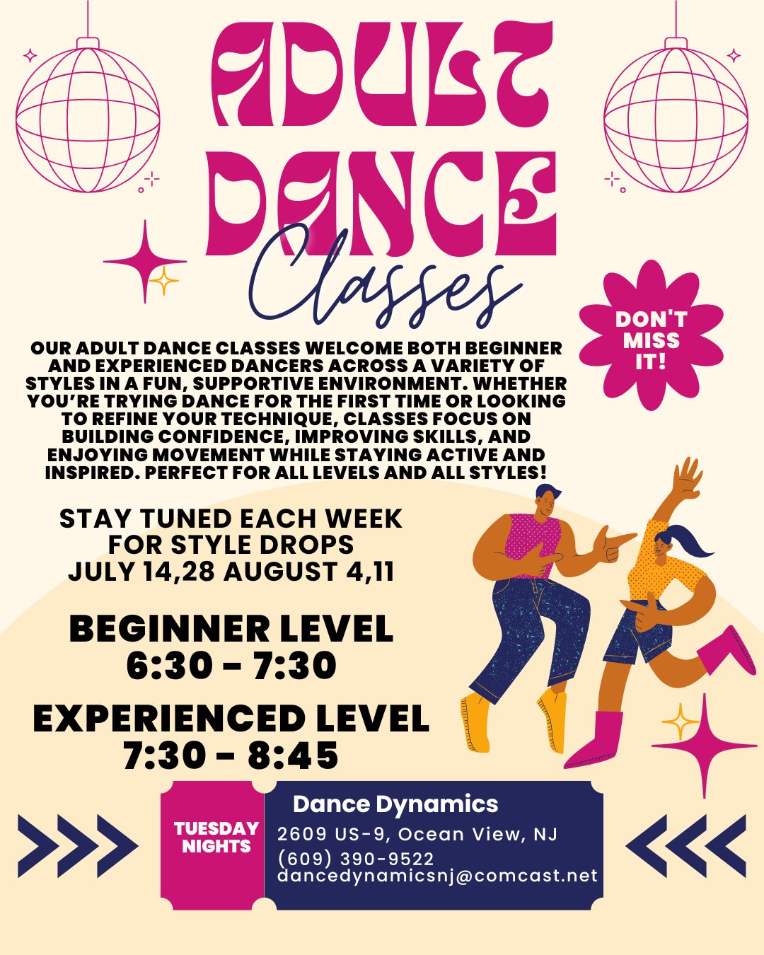 Flyer for Pulse Dance classes with pink typography, dancers, dates, times, and weekly stay tuned schedule info