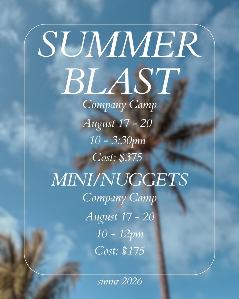 Summer Blast and Mini Nuggets company camp flyer over a blue sky background.