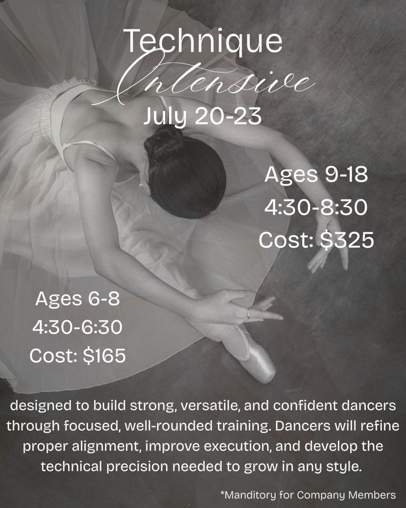 Dance camp flyer with grayscale dancer photo, “Technique Intensive,” July 20-23, ages 6-18, and cost details