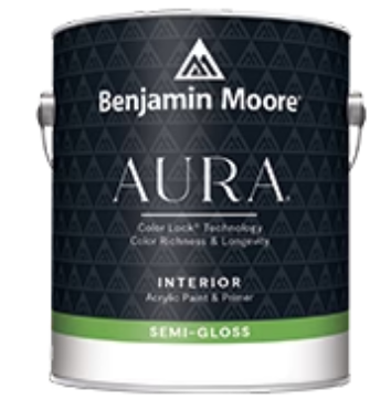 A can of benjamin moore aura interior semi-gloss paint