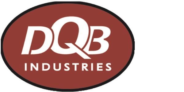 A red and white logo for dqb industries