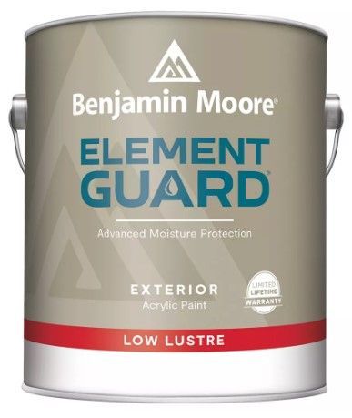 A can of benjamin moore element guard exterior acrylic paint in low lustre.
