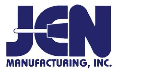 A blue and white logo for jen manufacturing inc.