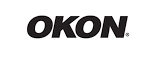 A black and white logo for okon is on a white background.