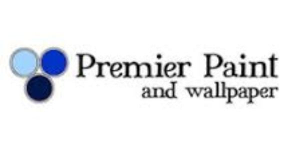 A logo for premier paint and wallpaper with blue circles