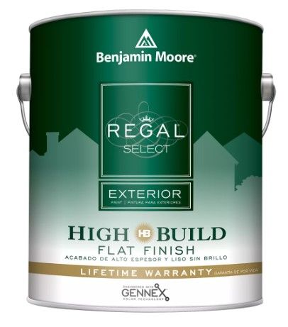 A can of benjamin moore regal select high build exterior flat finish paint.