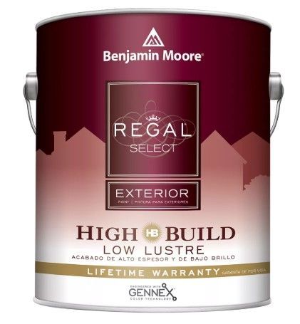 A can of benjamin moore regal select exterior high build low lustre paint.