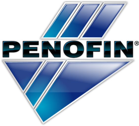A penofin logo with blue triangles on a white background