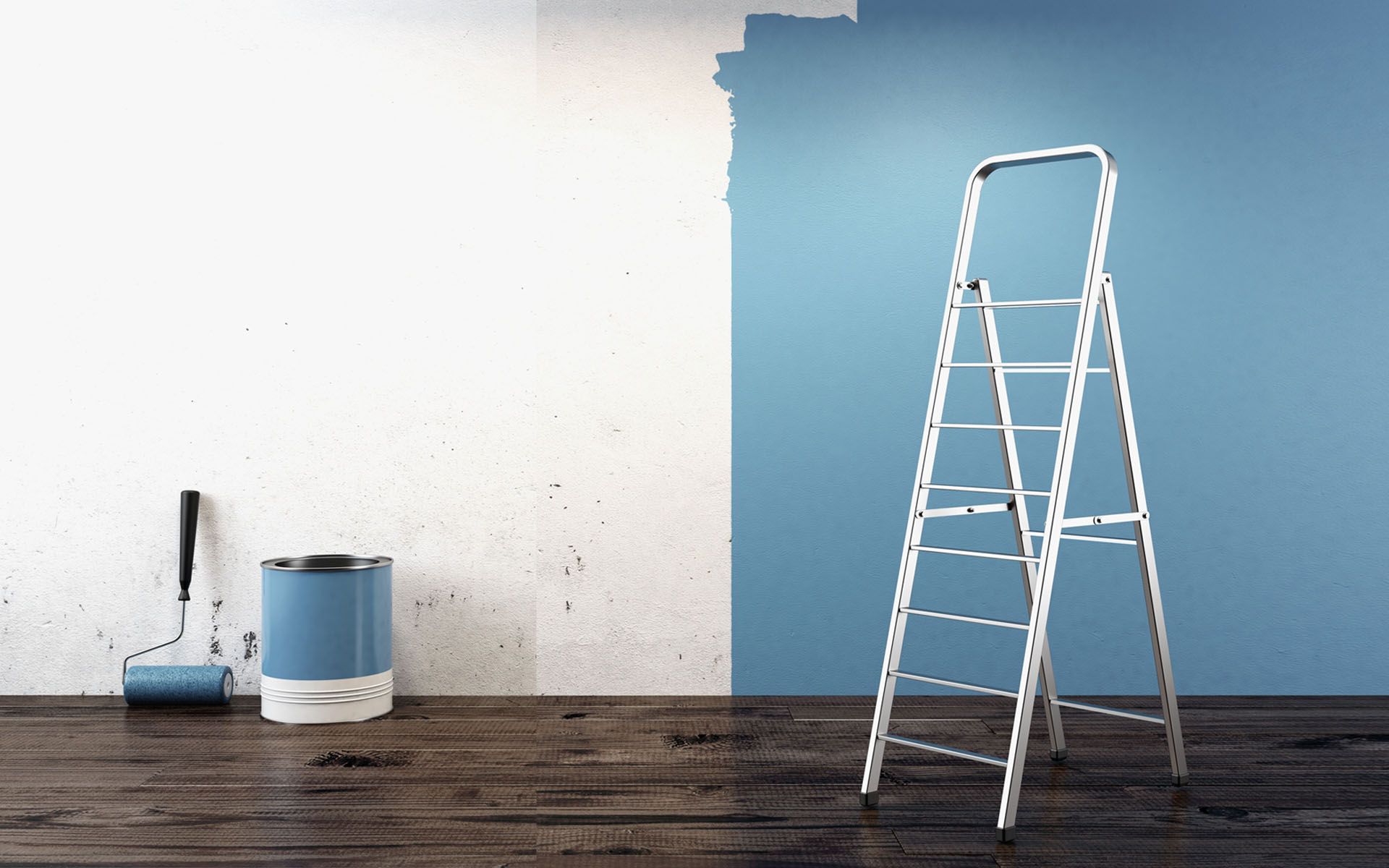 A room is being painted blue and white with a ladder and paint roller.