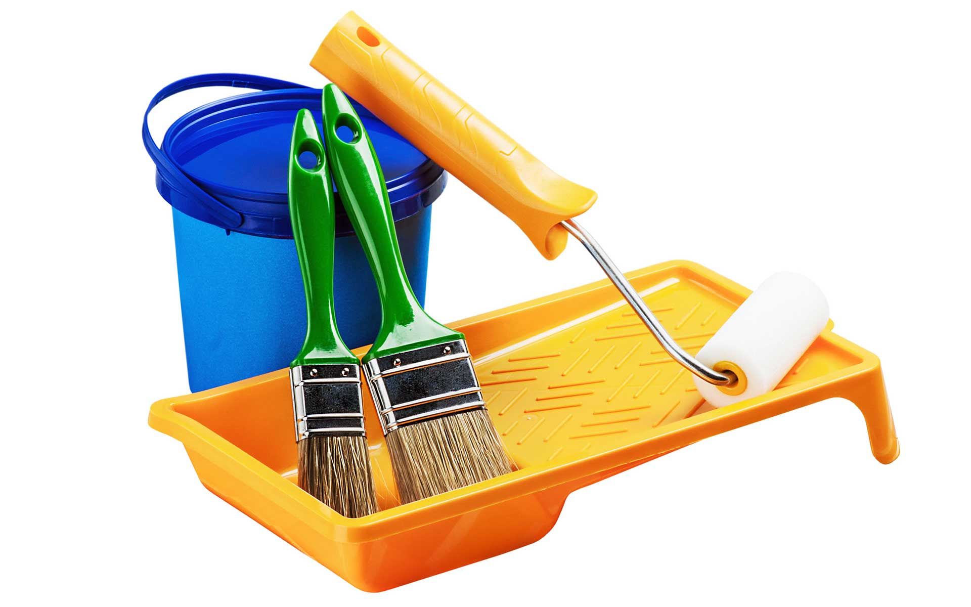 A blue bucket , two paint brushes , and a paint roller on a yellow tray.