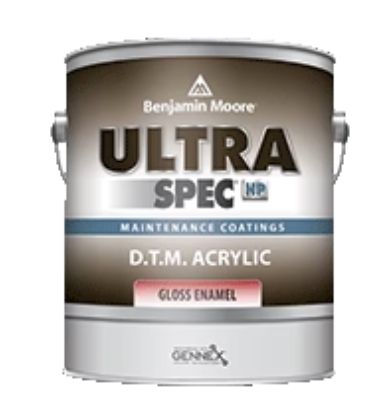 A can of benjamin moore ultra spec d.t.m. acrylic gloss enamel paint