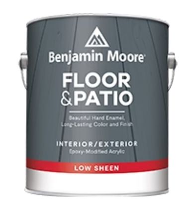 A can of benjamin moore floor and patio paint in low sheen.