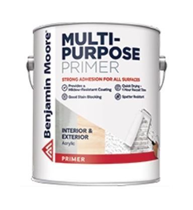 A can of benjamin moore multi purpose primer on a white background.