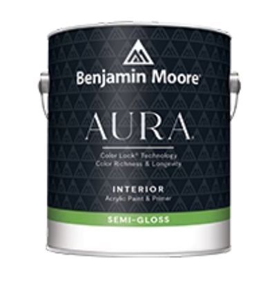 A can of benjamin moore aura interior semi-gloss paint