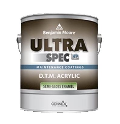 A can of benjamin moore ultra spec d.t.m. acrylic semi-gloss enamel paint