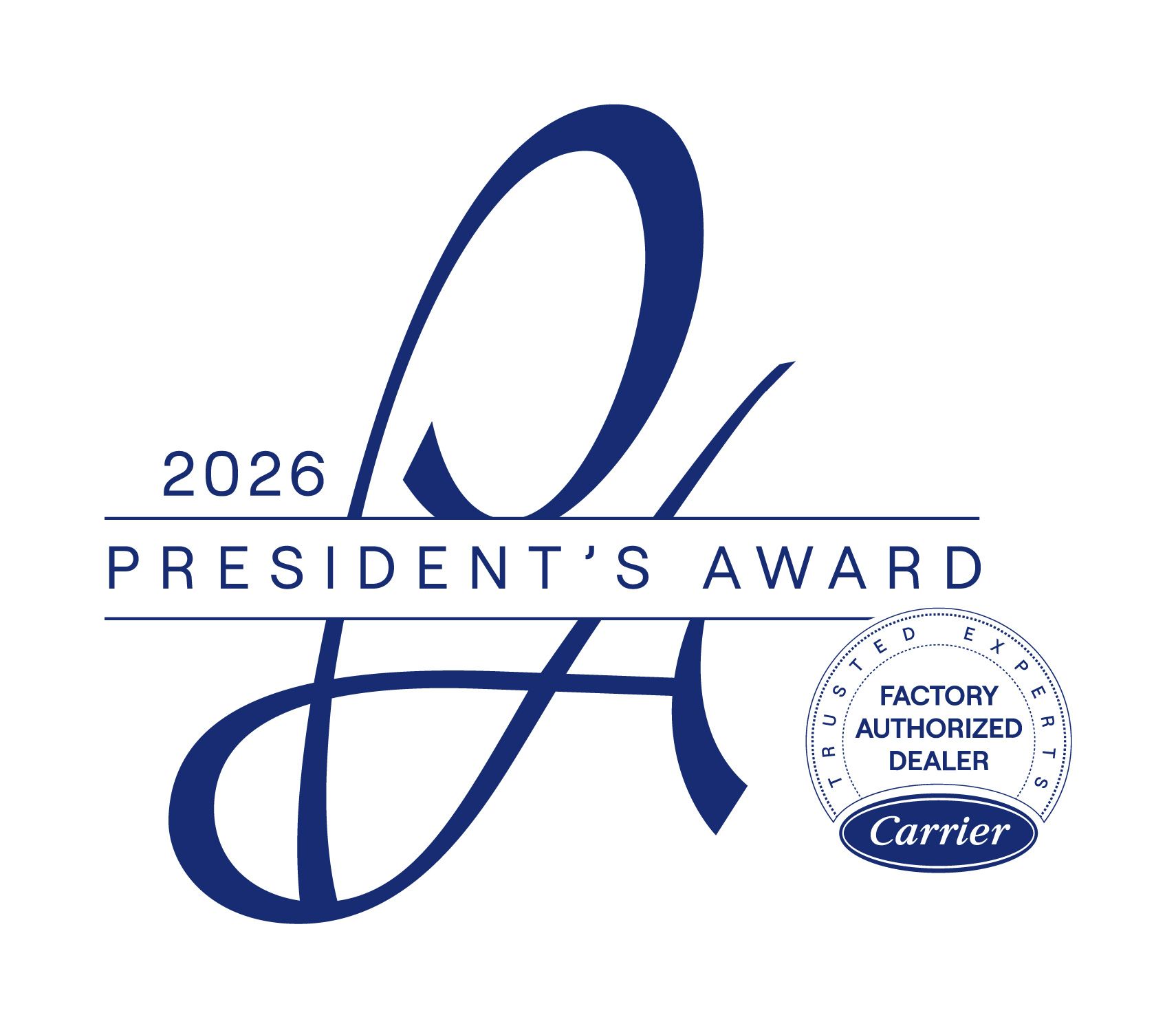 2026 President’s Award logo with blue swoosh and Carrier Factory Authorized Dealer seal