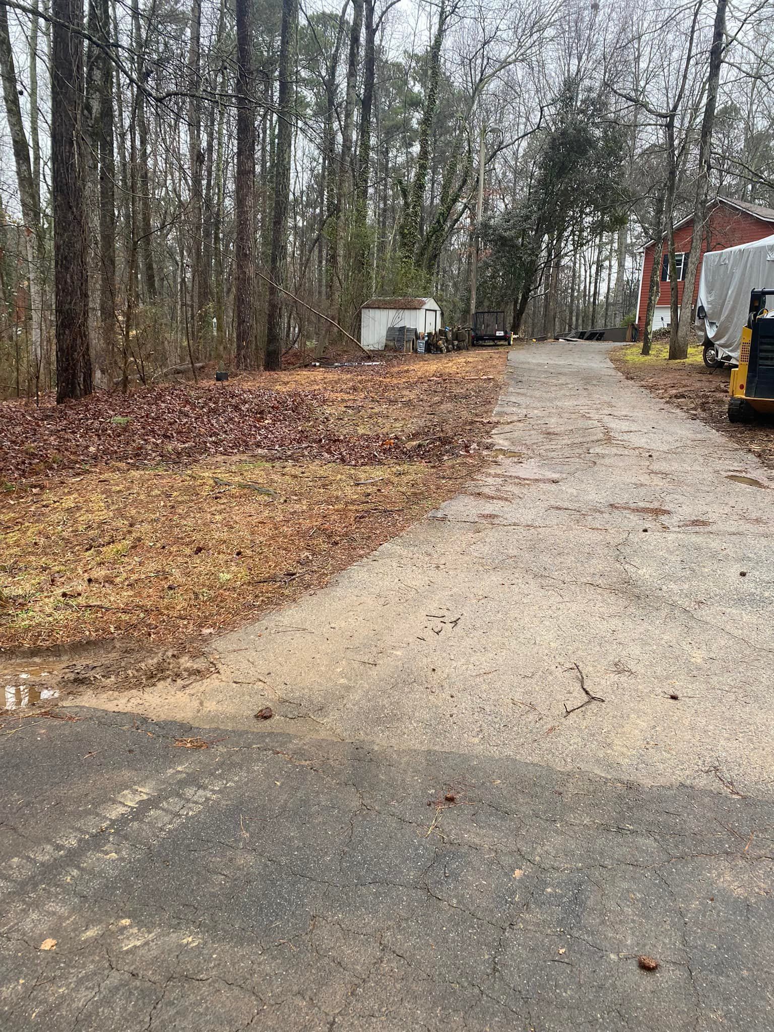 Gravel driveway leading into a wooded area with a small shed and trees. Red building is to the right.