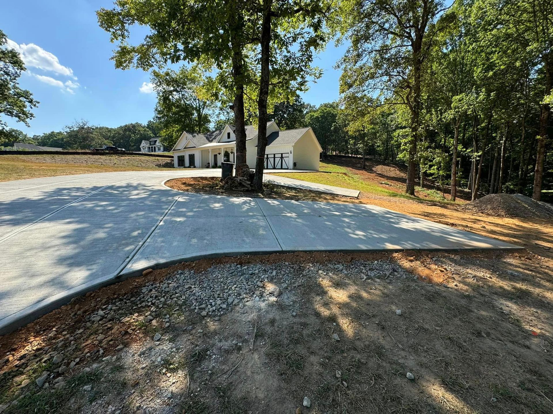 Driveway leading to a white house surrounded by trees on a sunny day.