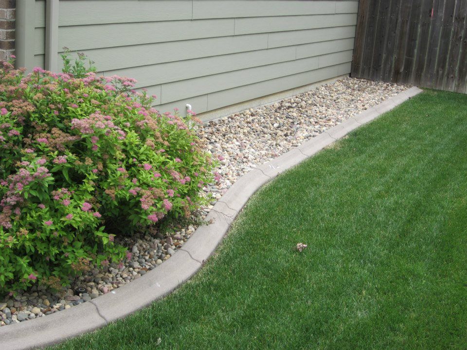 Green lawn bordering a rock bed next to a building and pink flowering bush.