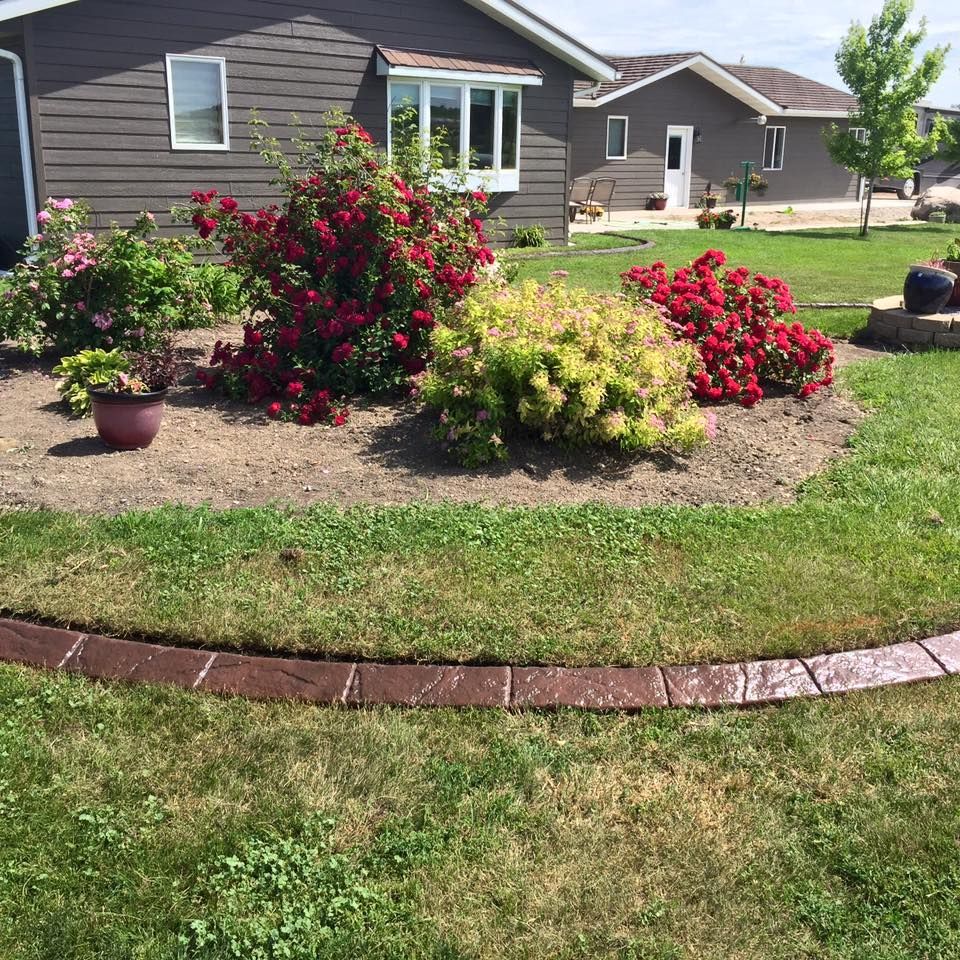 A flower bed with red and yellow bushes and a decorative brown border in front of a house.