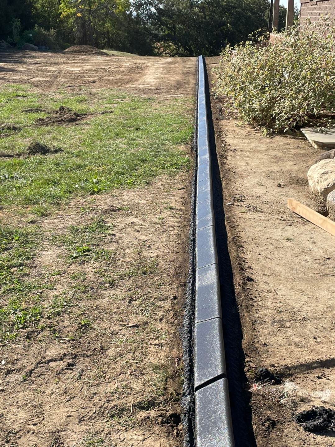 Black curb bordering a path, separating grass from dirt. Bright daylight, outdoors.