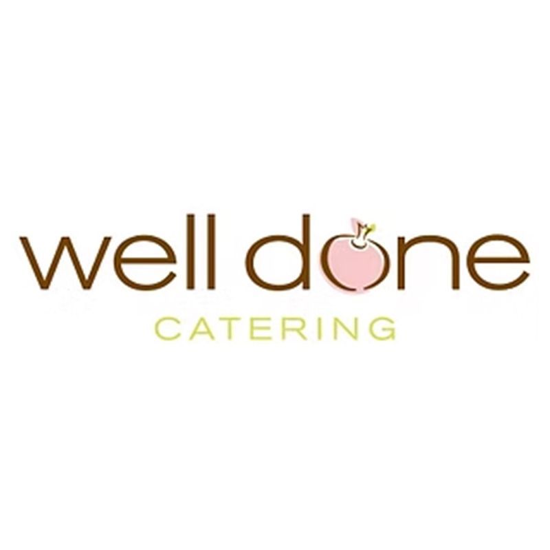 Well Done Catering logo in brown and pink on a white background