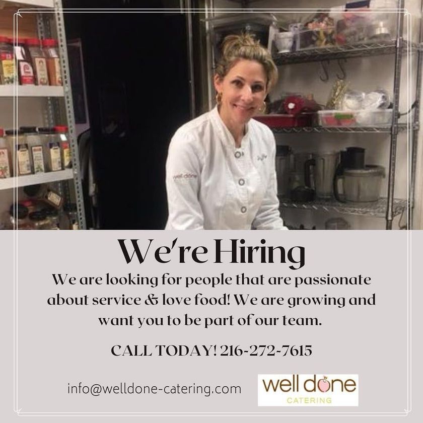 Restaurant hiring flyer with a smiling chef in a white coat and bold “We’re Hiring” text.