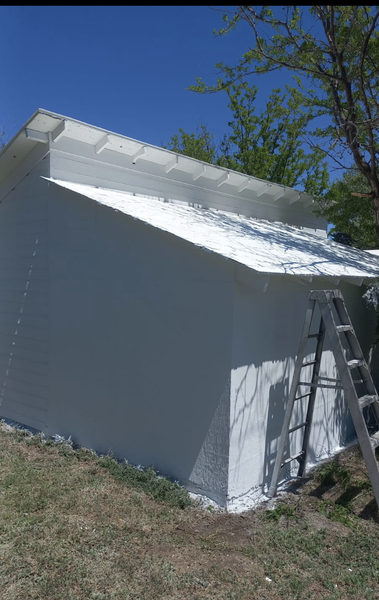 White building exterior with a ladder, painted on a sunny day.