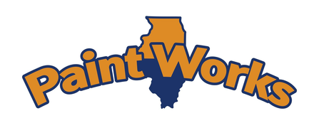 Logo of "Paint Works" in orange text with a black outline.