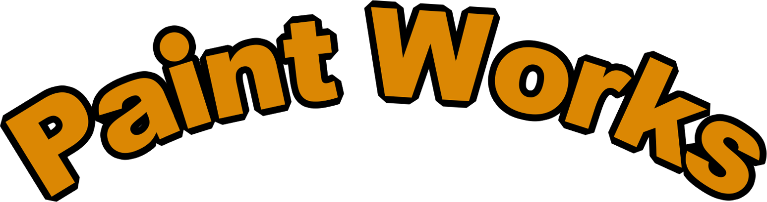 Logo of "Paint Works" in orange text with a black outline.