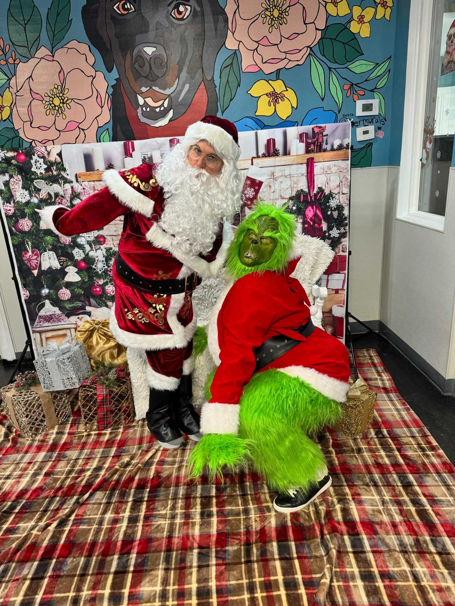 Santa and Grinch pose together by a holiday backdrop, on plaid rug.