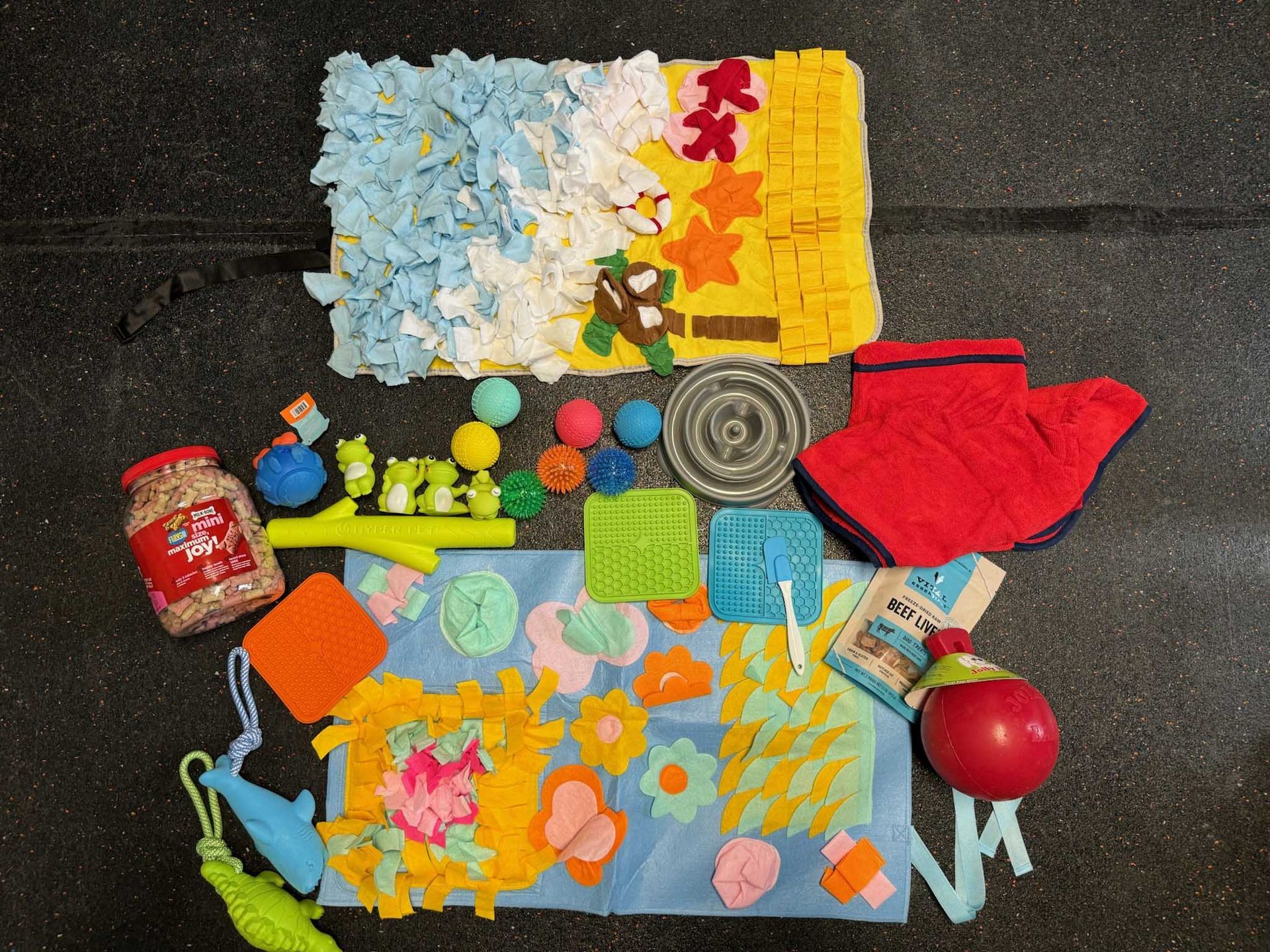 Overhead view of dog enrichment toys and puzzles, including a mat and colorful balls.