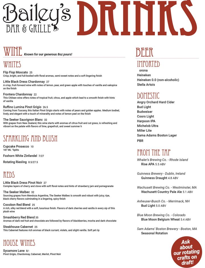 Bailey's Bar & Grille Menu Townsend, MA