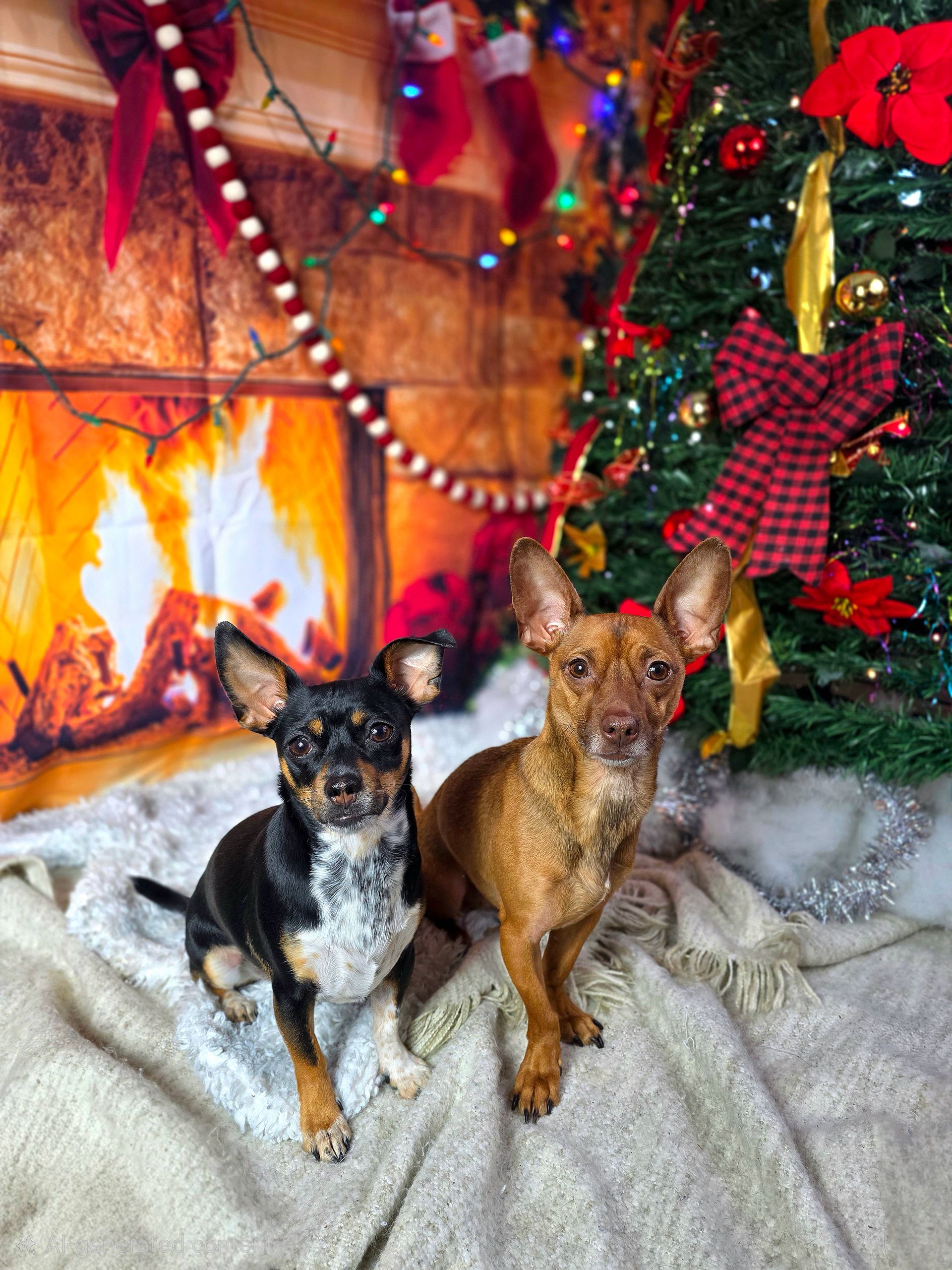 Two small dogs in front of a festive fireplace with holiday decor and a Christmas tree