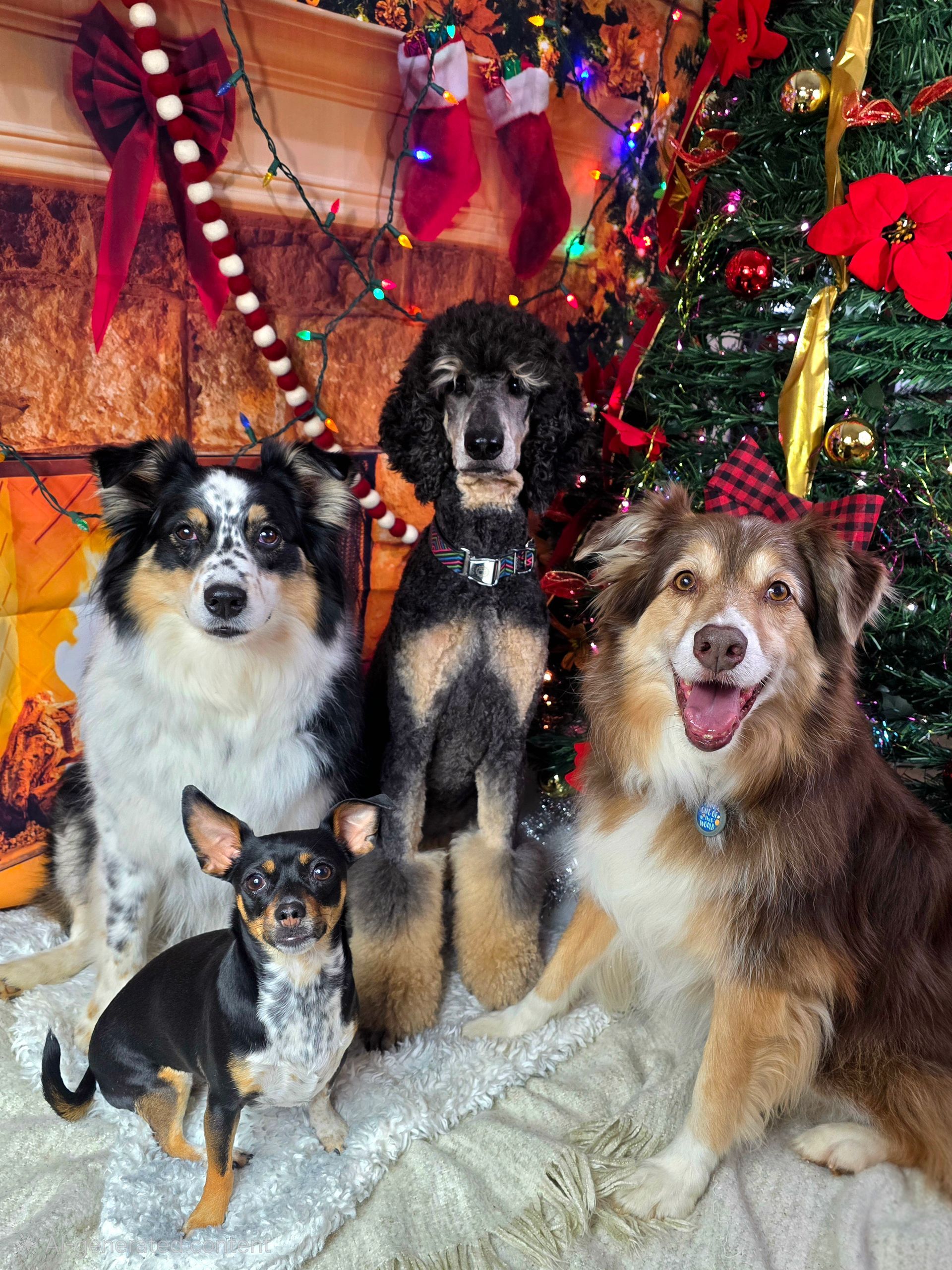 Four dogs sitting before a decorated Christmas tree, including a black poodle and a small Chihuahua