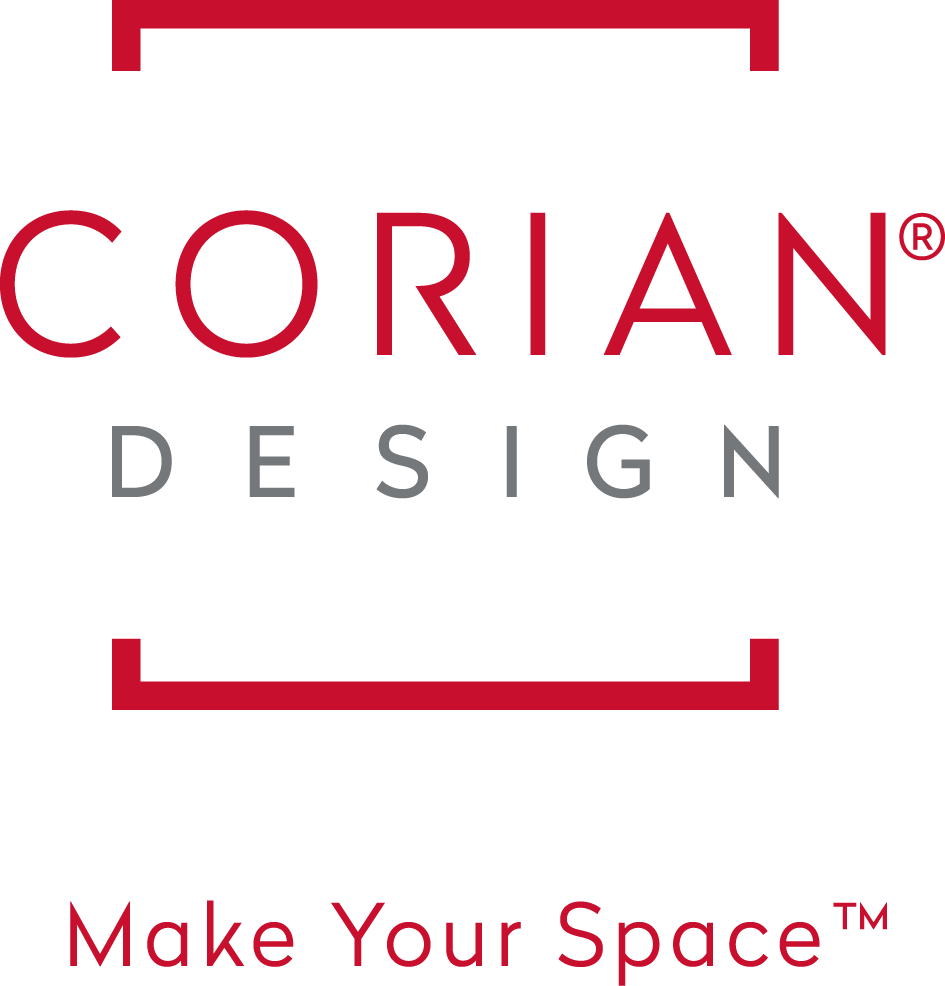 The corian design logo is red and white and says `` make your space ''.