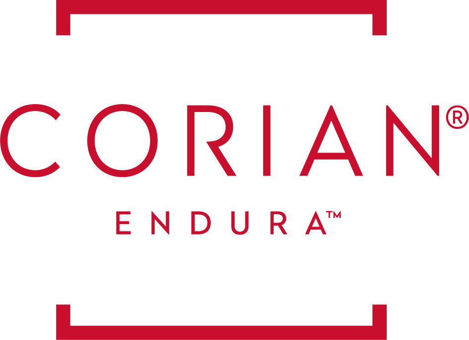 The logo for corian endura is a red and white logo on a white background.