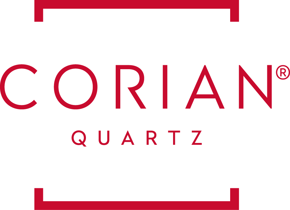 The logo for corian quartz is red and white with a red frame.