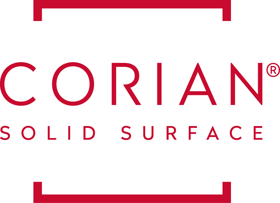 The logo for corian solid surface is red and white.