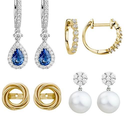 Four pairs of gemstone earrings: sapphire drops, diamond hoops, gold knots, and pearl drops.